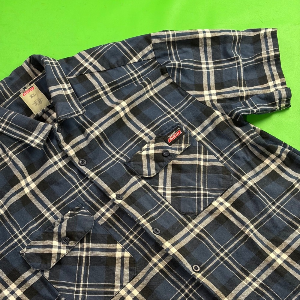 Dickies Button Up Shirt Mens XL Blue Plaid Short Sleeve 100% Cotton Workwear EUC